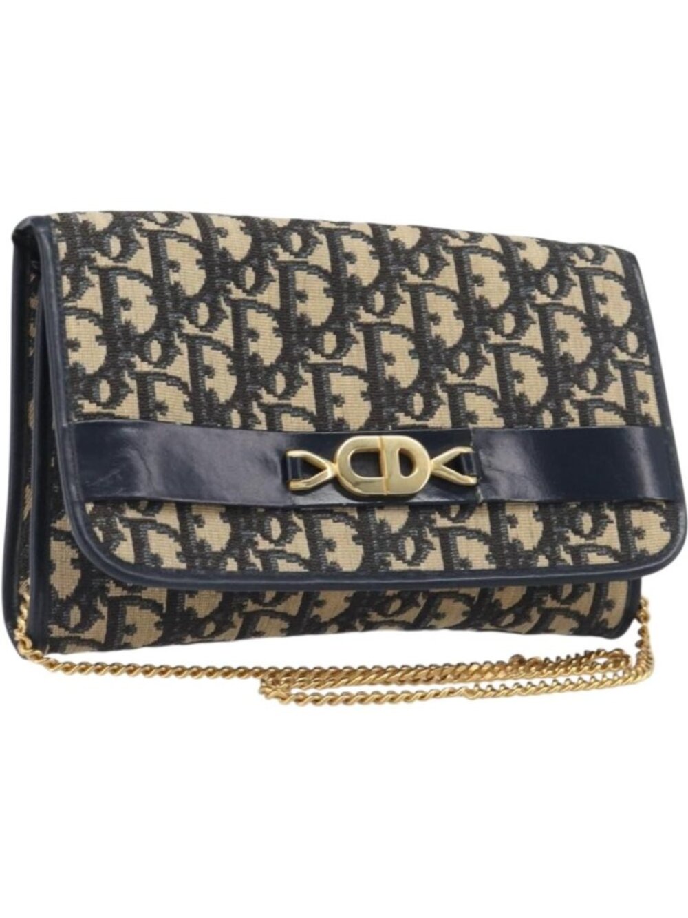 Christian Dior Trotter Canvas Chain Shoulder Bag Navy Gold